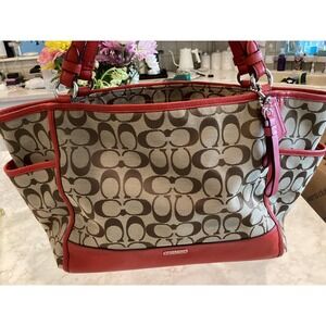 Coach Signature Satchel Tote Coral Leather Trim Shoulder Bag Purse